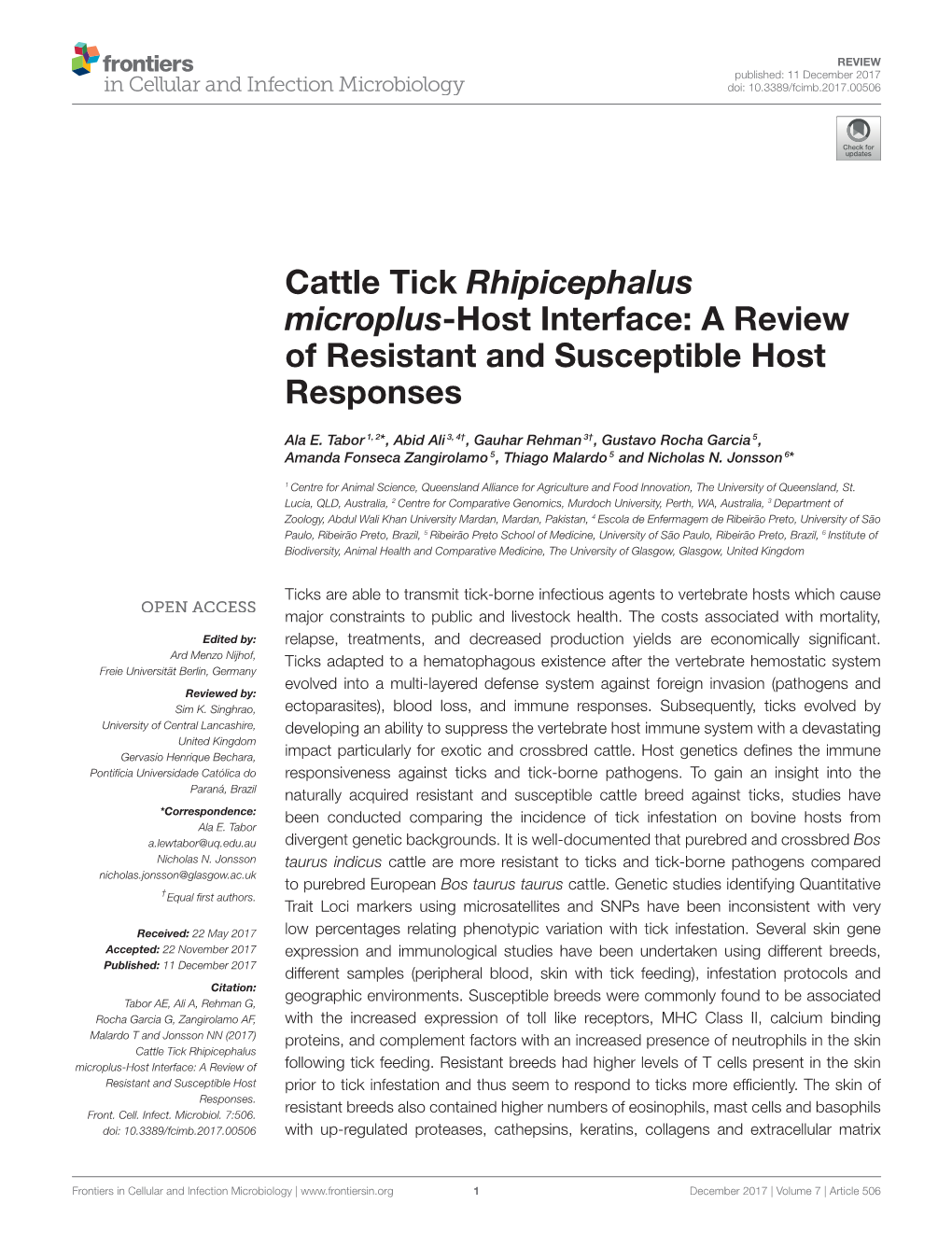 Cattle Tick Rhipicephalus Microplus-Host Interface: a Review of Resistant and Susceptible Host Responses