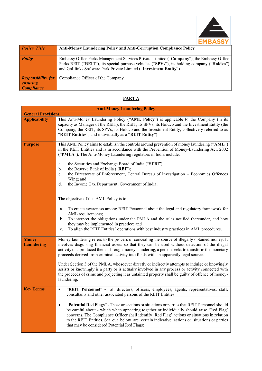 1 Policy Title Anti-Money Laundering Policy and Anti-Corruption