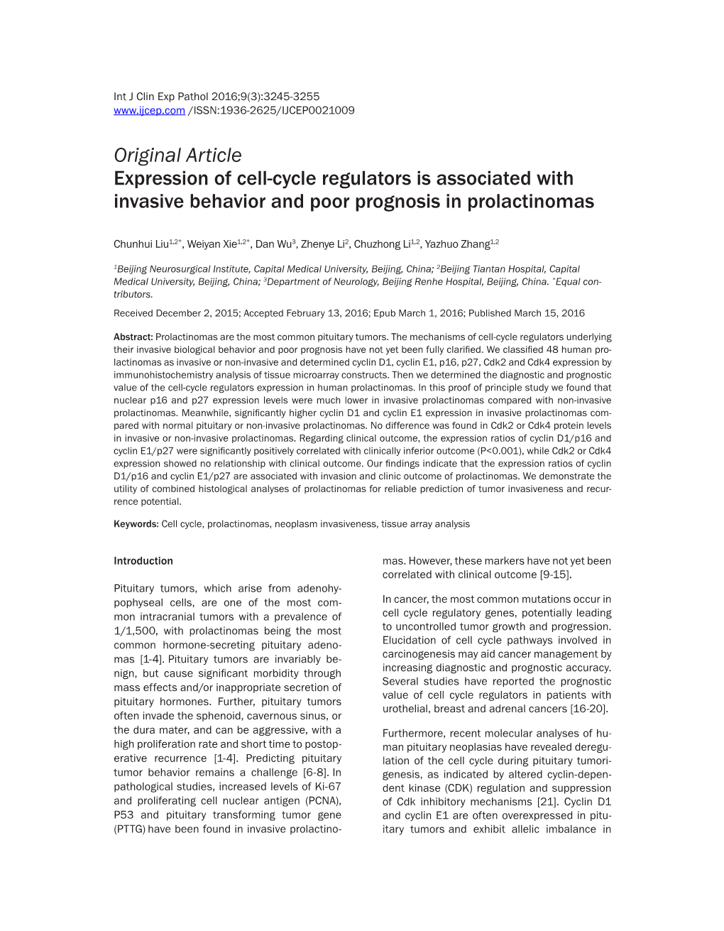 Original Article Expression of Cell-Cycle Regulators Is Associated with Invasive Behavior and Poor Prognosis in Prolactinomas