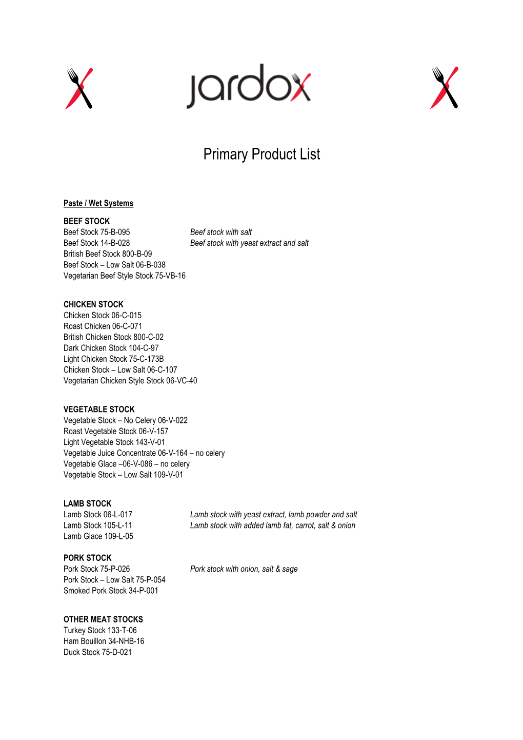 Primary Product List