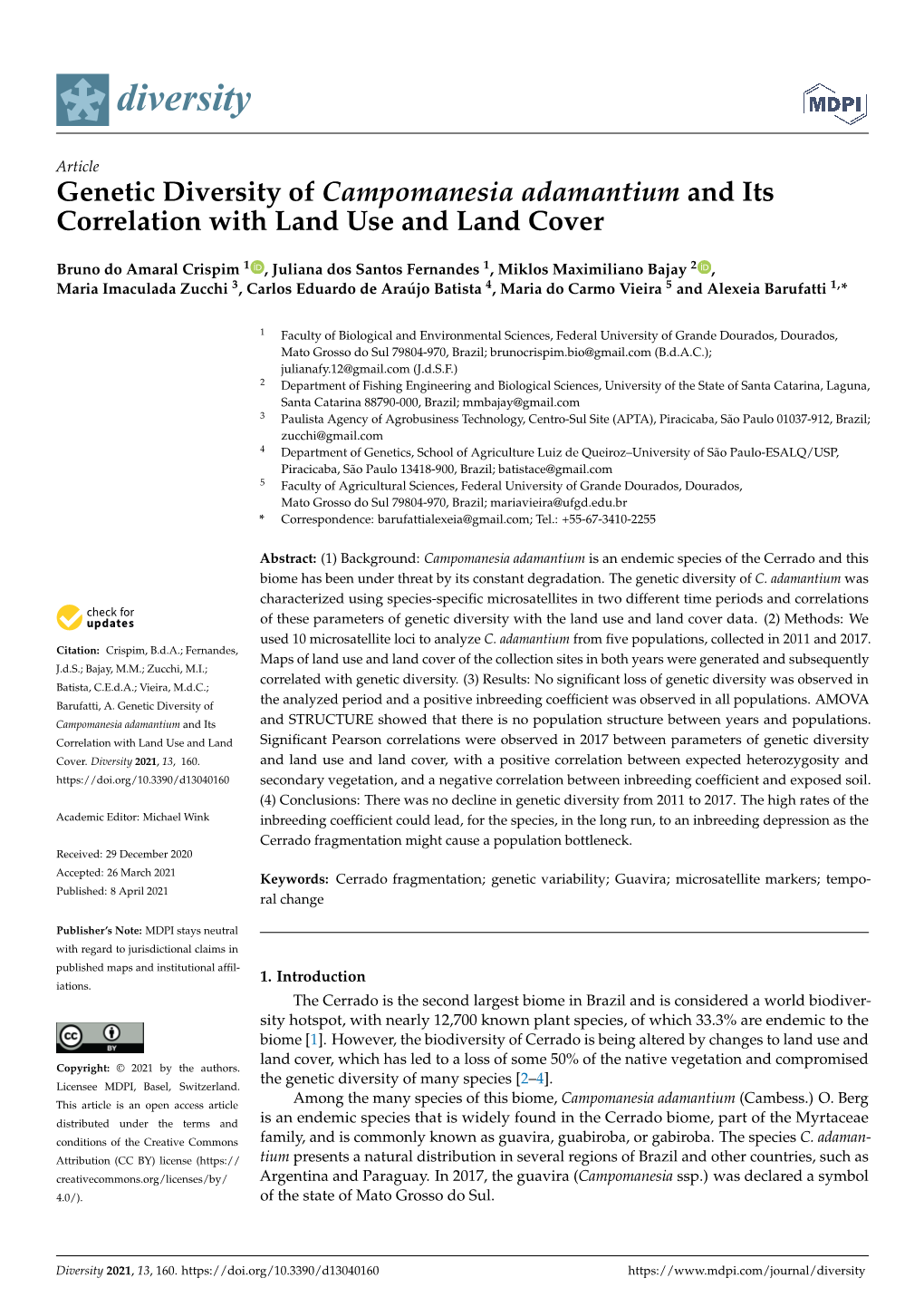 Genetic Diversity of Campomanesia Adamantium and Its Correlation with Land Use and Land Cover