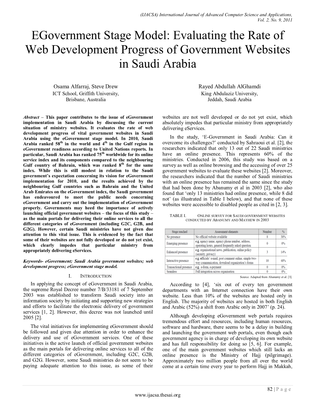 Egovernment Stage Model: Evaluating the Rate of Web Development Progress of Government Websites in Saudi Arabia