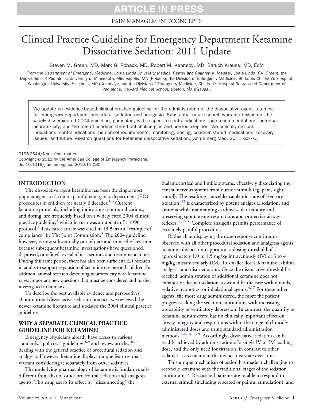 Clinical Practice Guideline for Emergency Department Ketamine Dissociative Sedation: 2011 Update