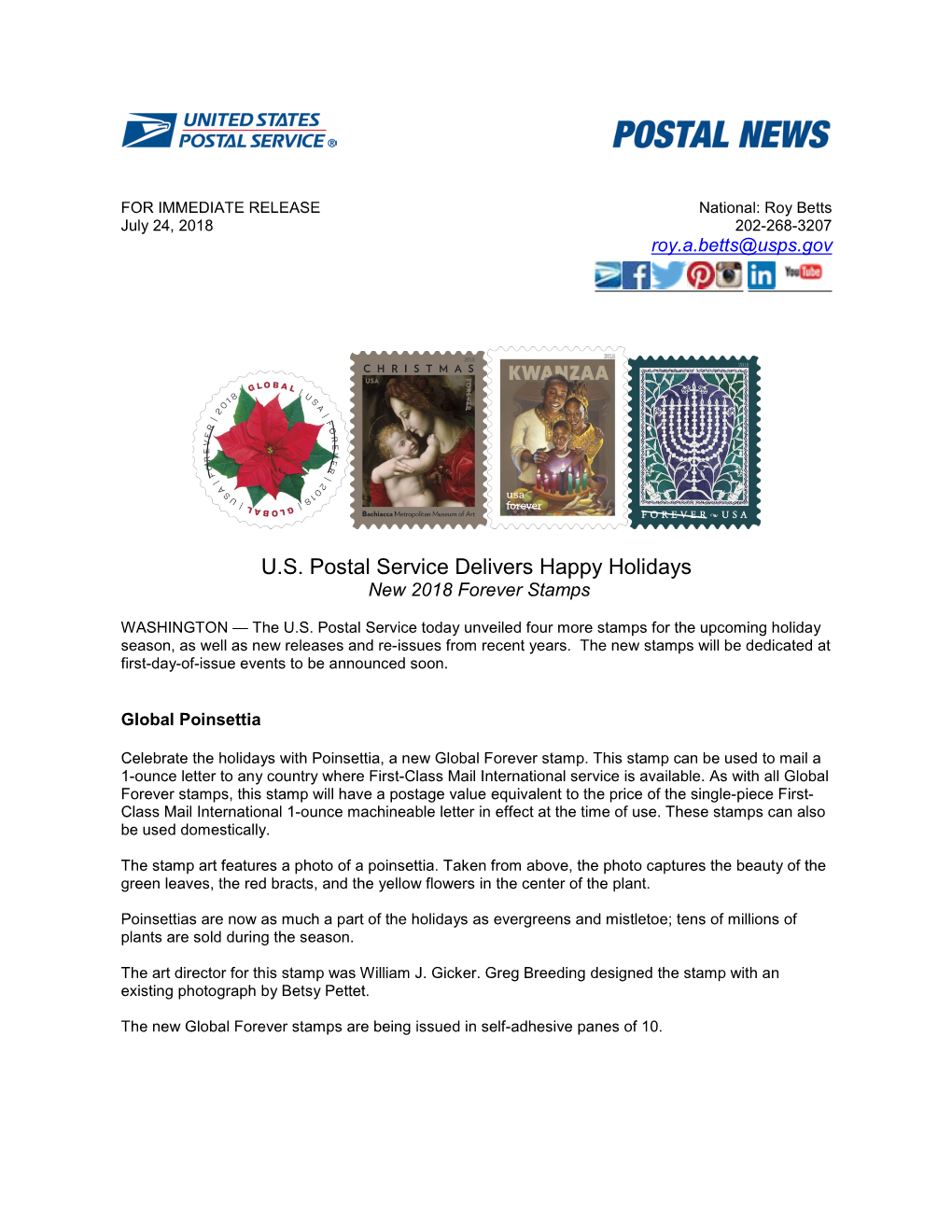 U.S. Postal Service Delivers Happy Holidays New 2018 Forever Stamps