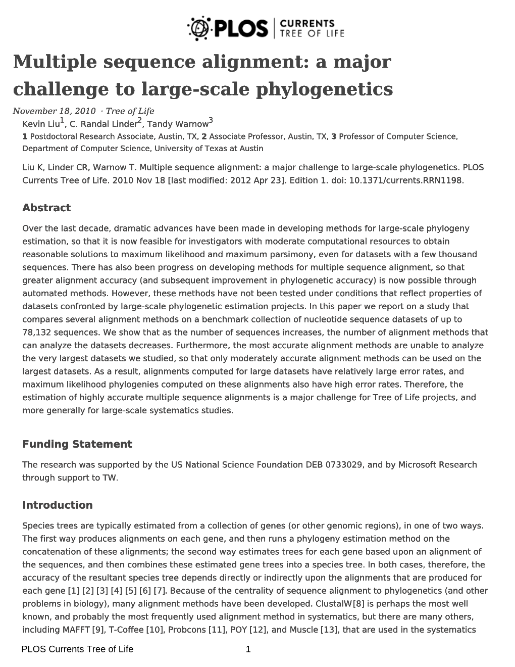 Multiple Sequence Alignment: a Major Challenge to Large-Scale Phylogenetics