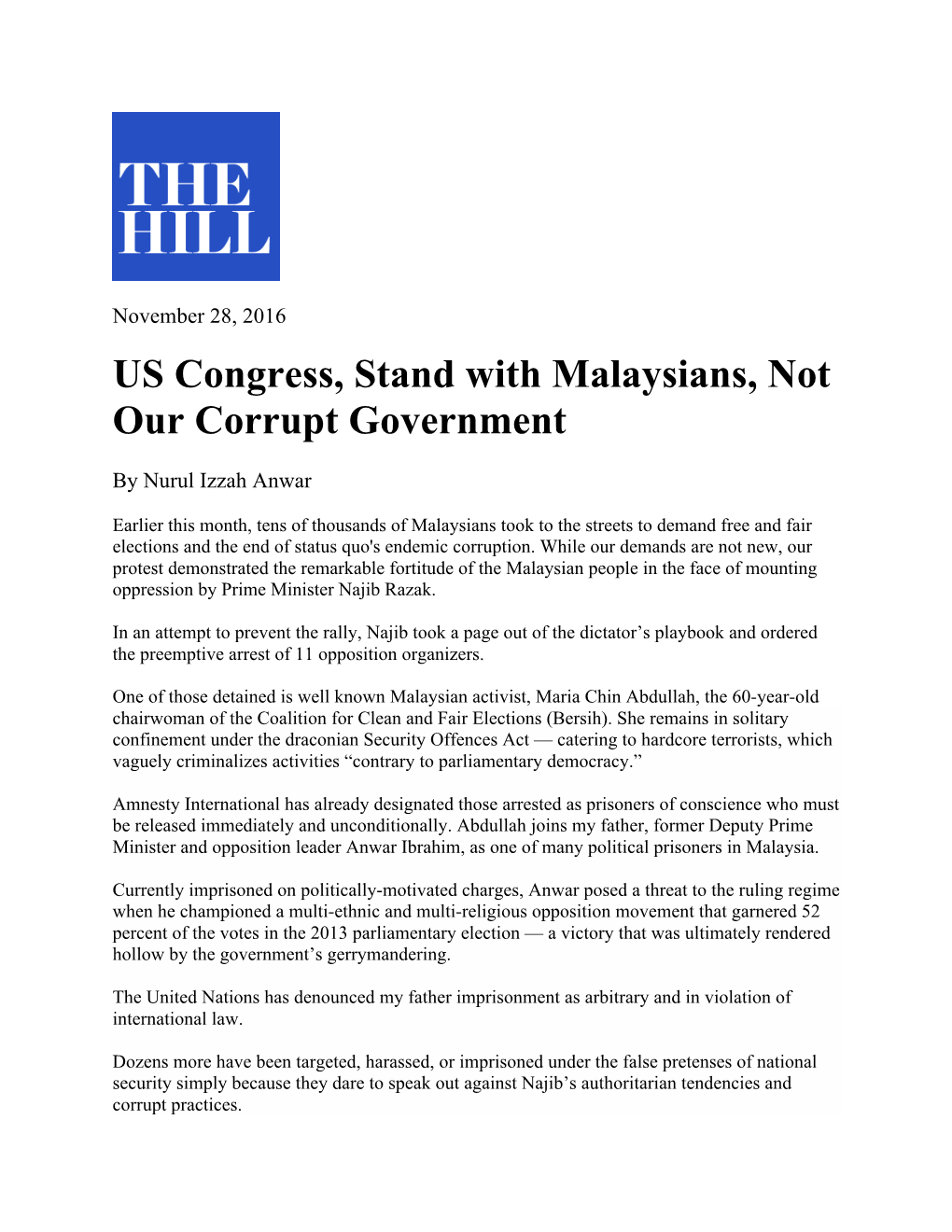 US Congress, Stand with Malaysians, Not Our Corrupt Government