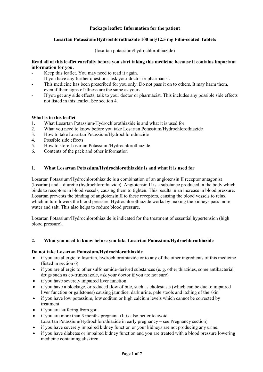 Information for the Patient Losartan Potassium/Hydrochlorothiazide 100