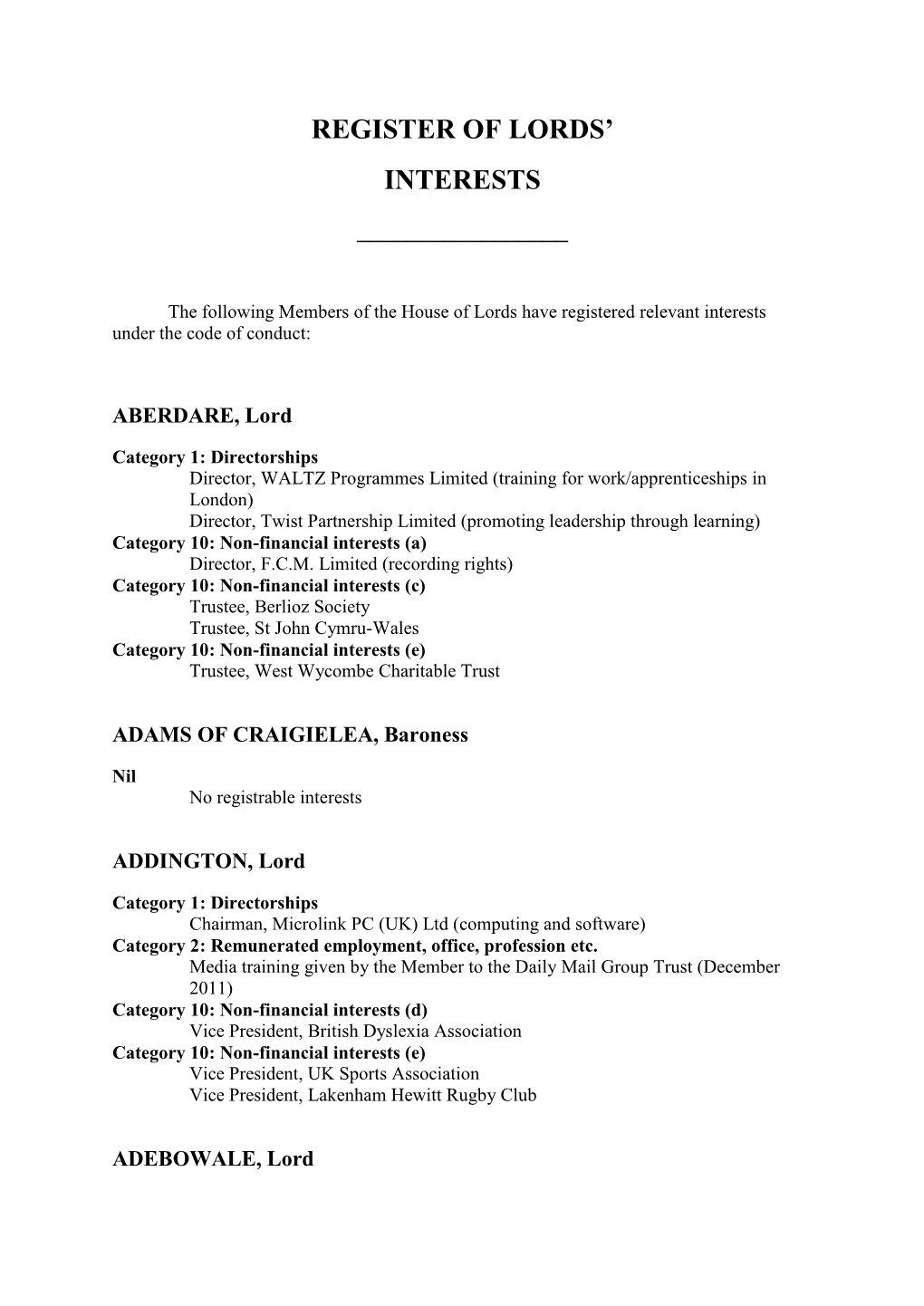 Register of Lords' Interests