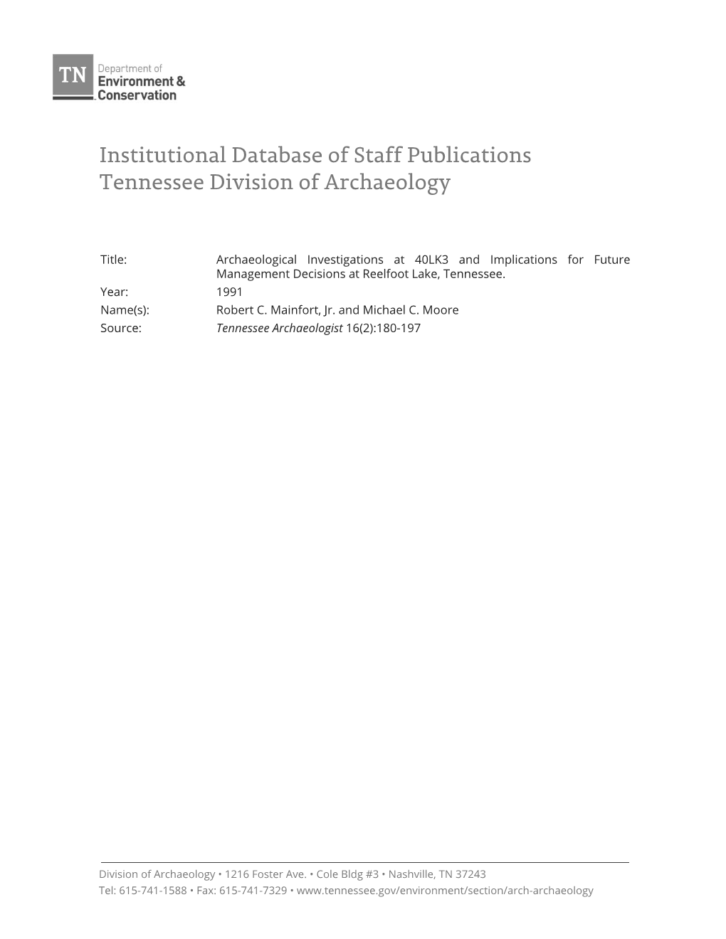 Institutional Database of Staff Publications Tennessee Division of Archaeology