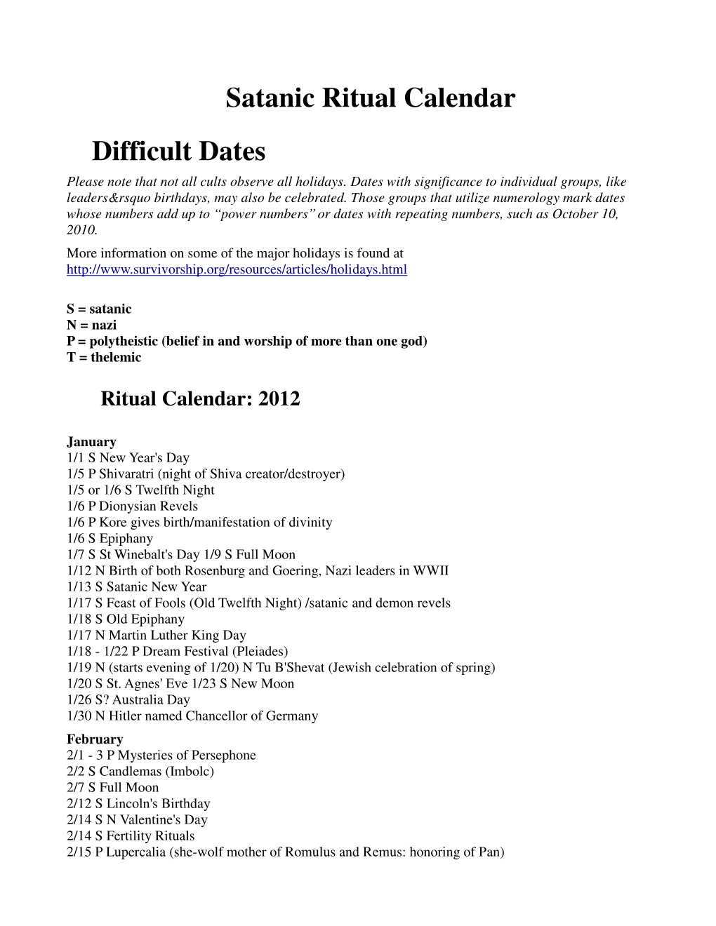 Satanic Ritual Calendar Difficult Dates Please Note That Not All Cults Observe All Holidays