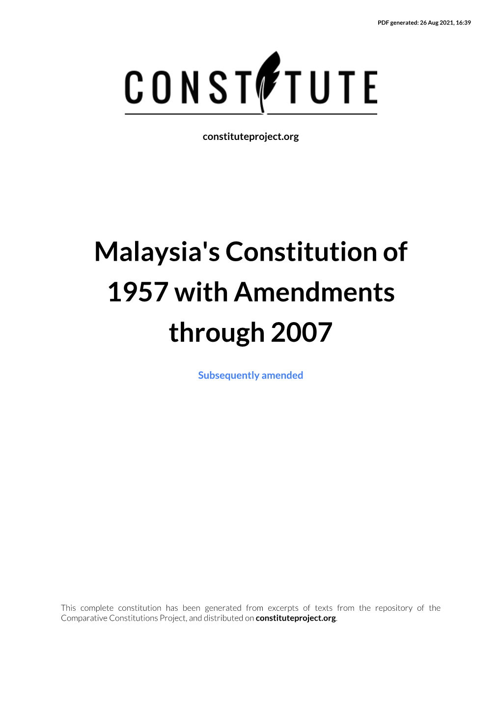 Malaysia's Constitution of 1957 with Amendments Through 2007