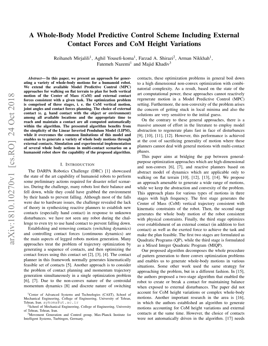 A Whole-Body Model Predictive Control Scheme Including External Contact Forces and Com Height Variations