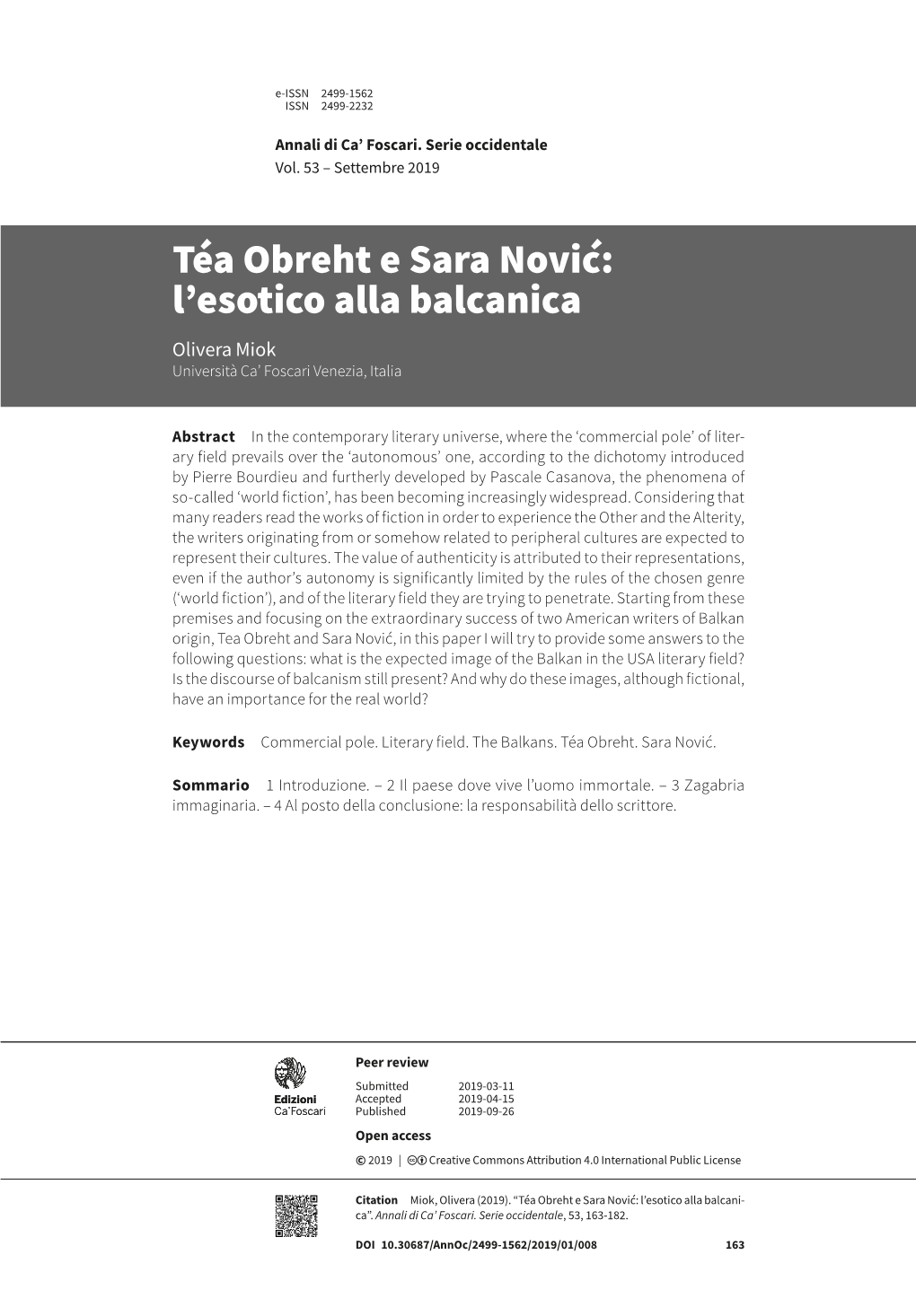 Téa Obreht E Sara Nović: L'esotico Alla Balcanica