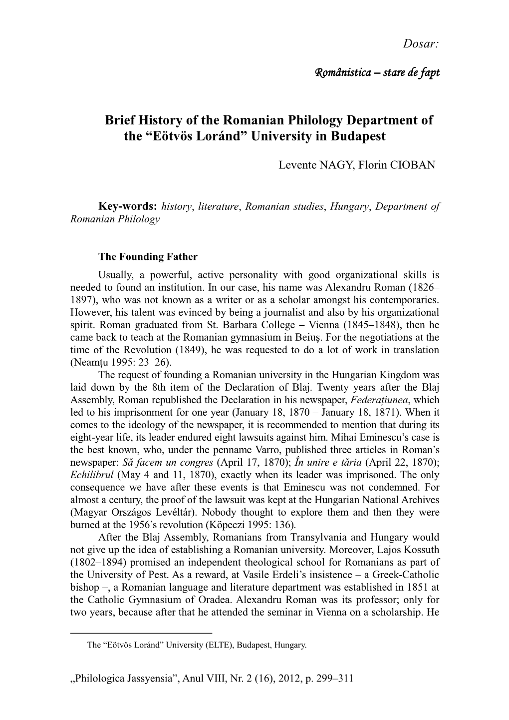 Brief History of the Romanian Philology Department of the “Eötvös Loránd” University in Budapest