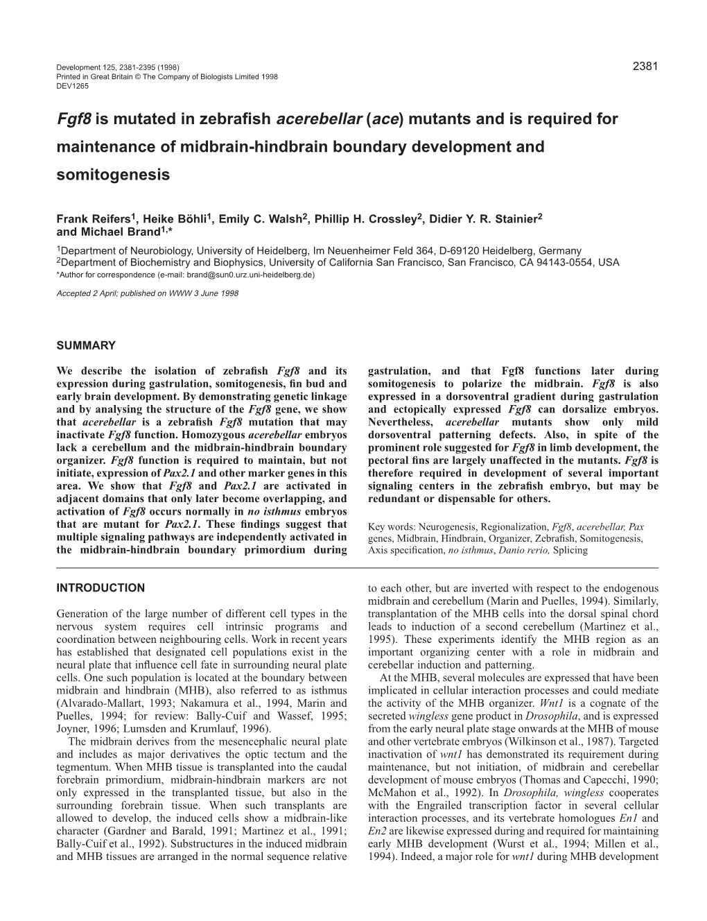 Fgf8 Is Mutated in Zebrafish Acerebellar