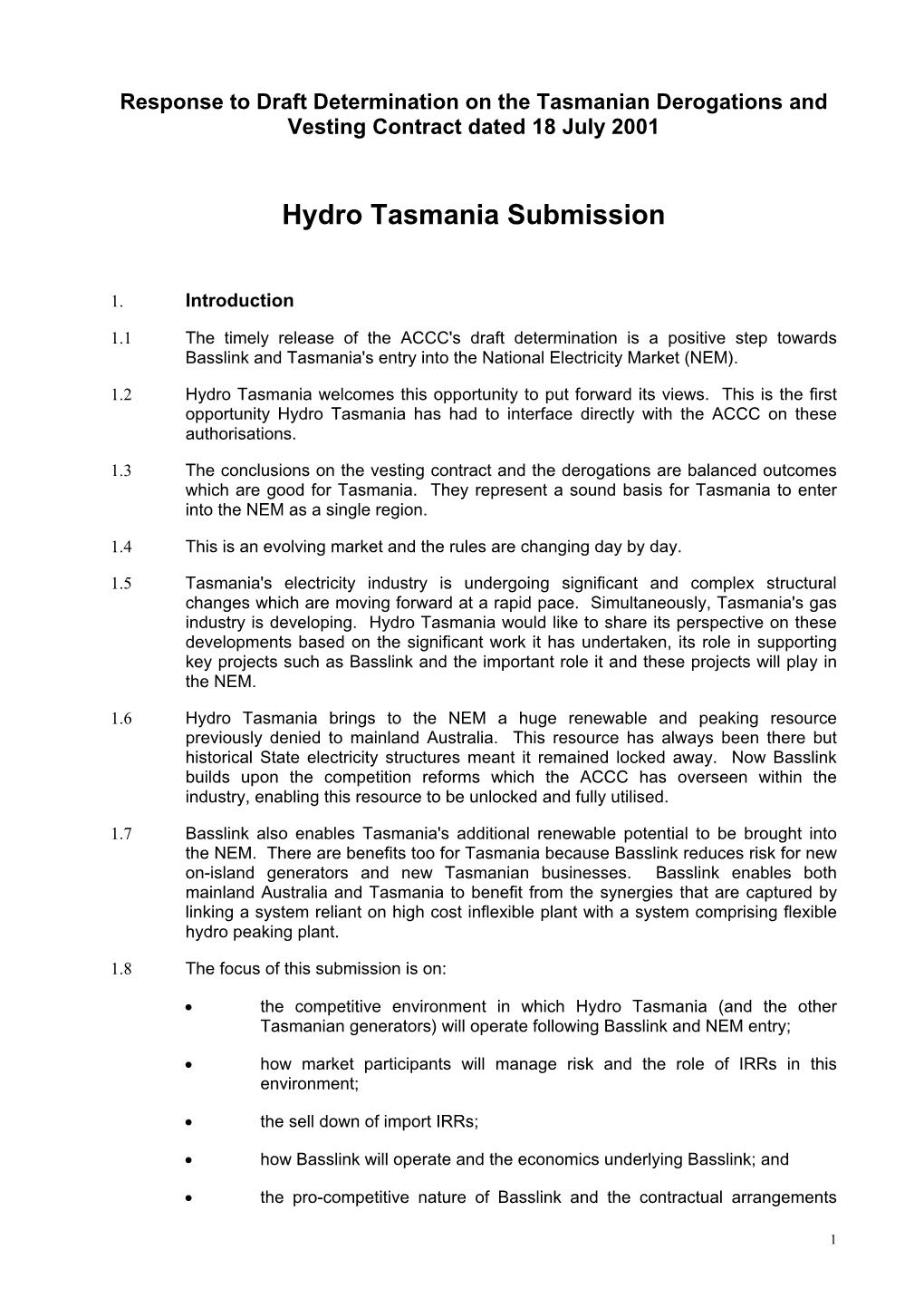 Hydro Tasmania Submission