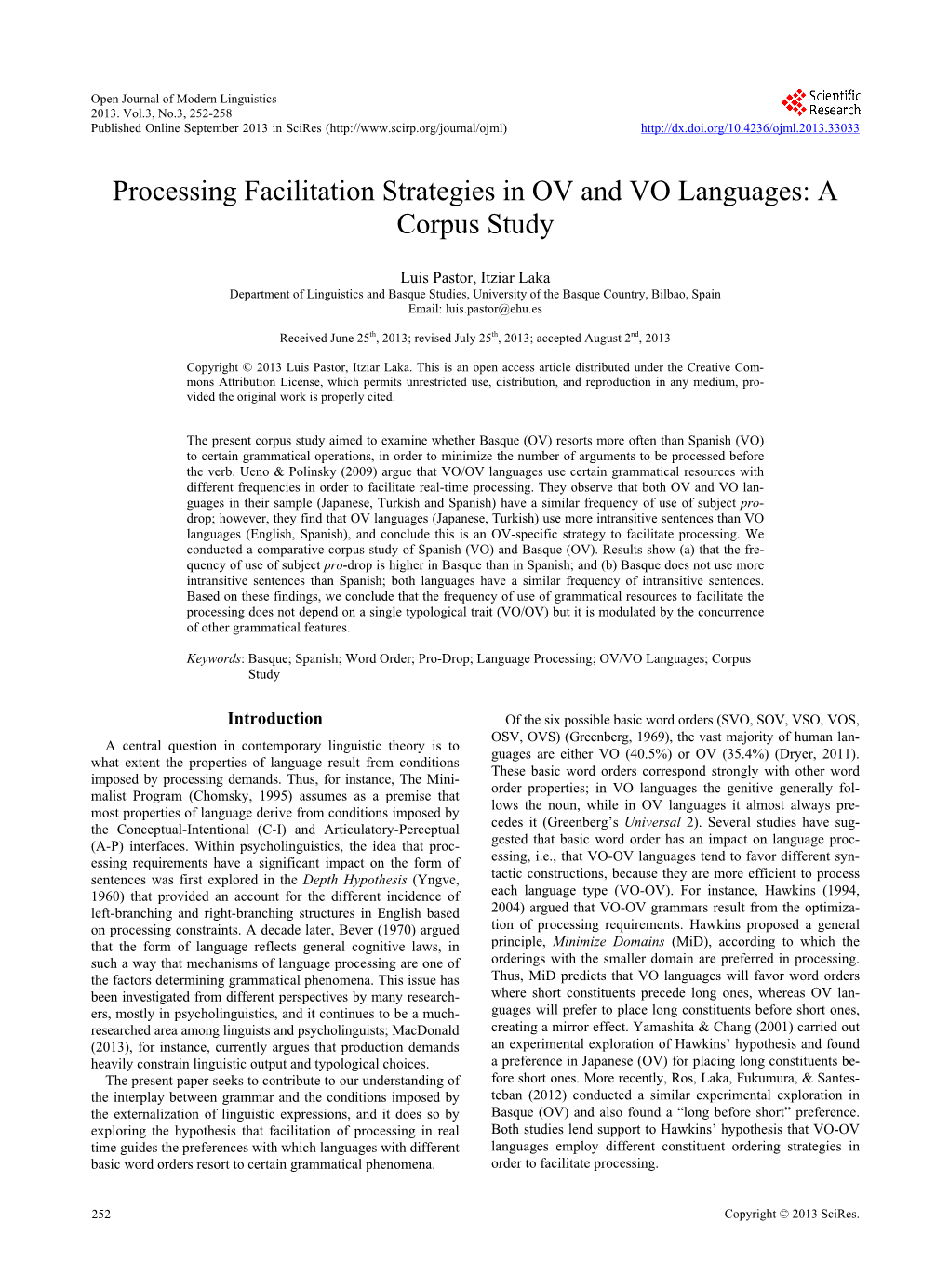 Processing Facilitation Strategies in OV and VO Languages: a Corpus Study