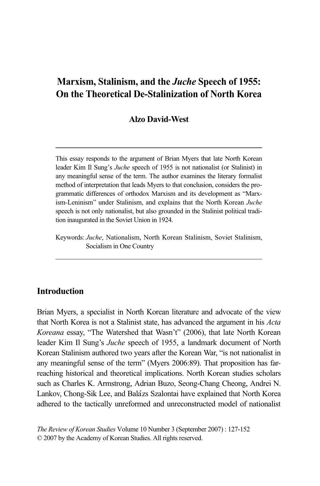 Marxism, Stalinism, and the Juche Speech of 1955: on the Theoretical De-Stalinization of North Korea