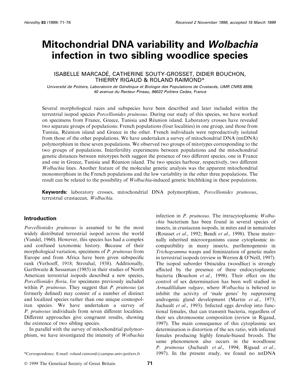 Mitochondrial DNA Variability and Wolbachia Infection in Two Sibling Woodlice Species