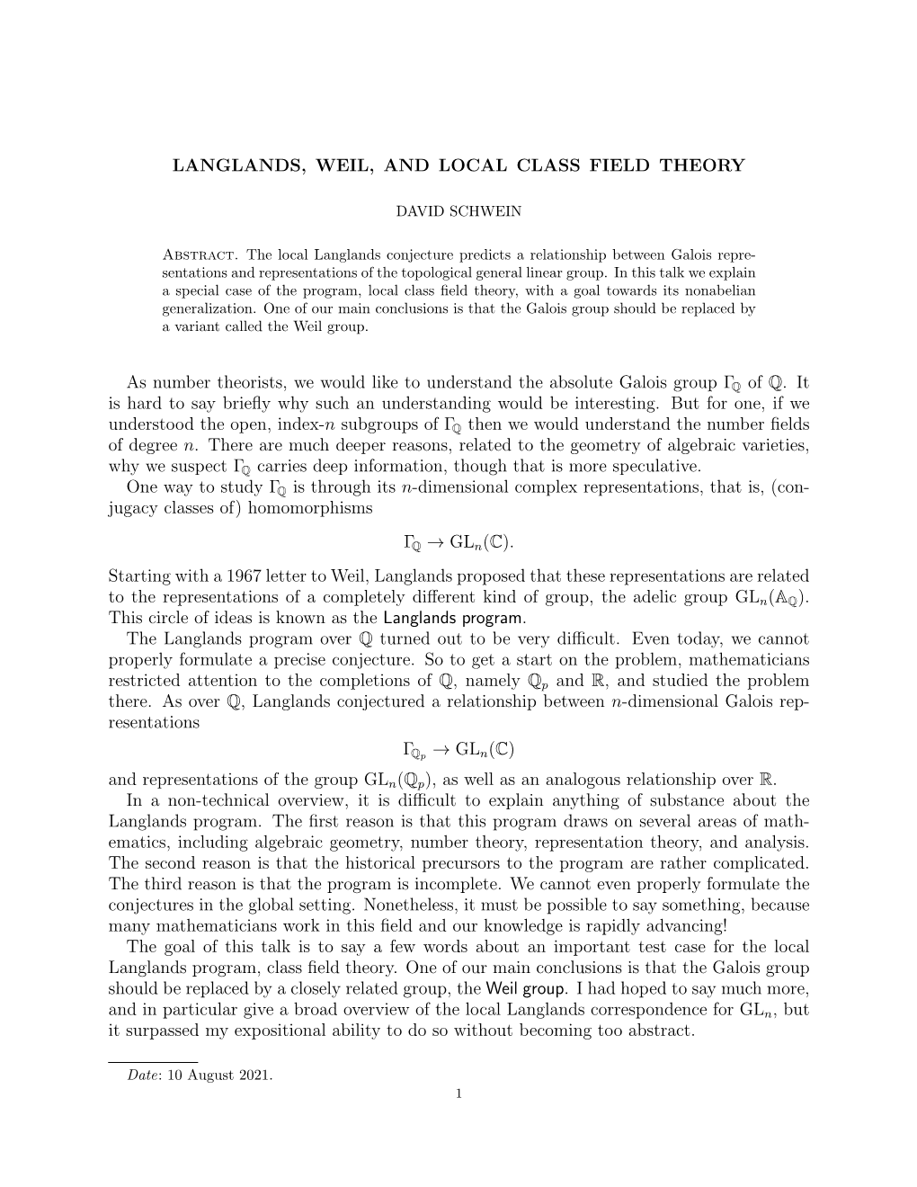 Langlands, Weil, and Local Class Field Theory