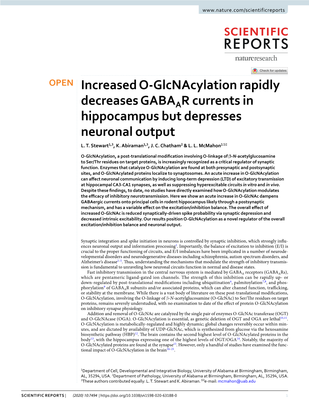 Increased O-Glcnacylation Rapidly Decreases GABAAR Currents in Hippocampus but Depresses Neuronal Output L