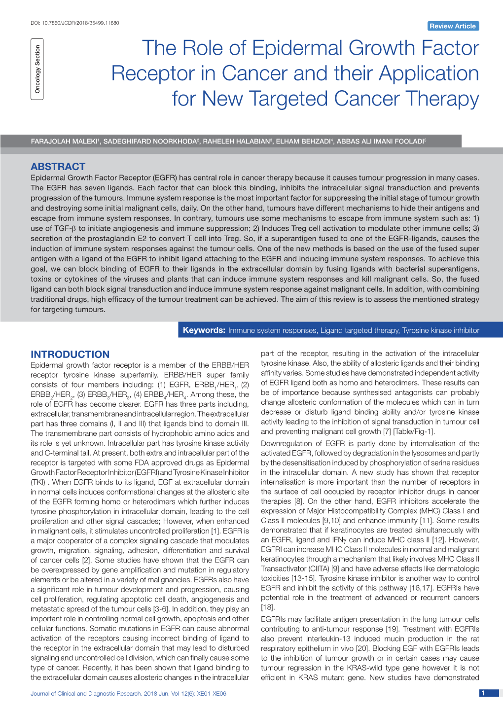 The Role of Epidermal Growth Factor Receptor in Cancer and Their Application Oncology Section for New Targeted Cancer Therapy