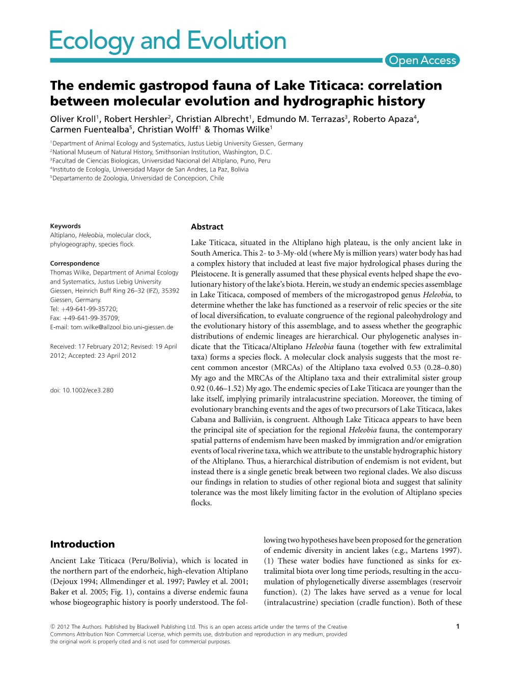 The Endemic Gastropod Fauna of Lake Titicaca: Correlation Between