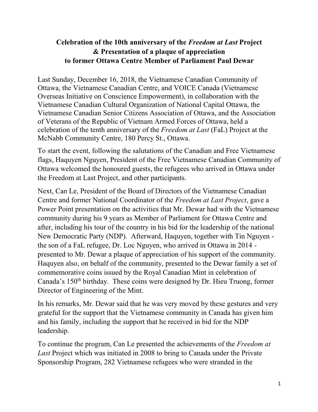 Celebration of the 10Th Anniversary of the Freedom at Last Project & Presentation of a Plaque of Appreciation to Former Ottawa Centre Member of Parliament Paul Dewar