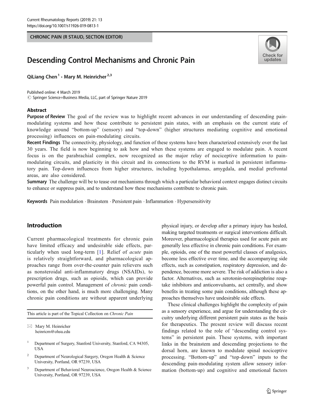 Descending Control Mechanisms and Chronic Pain