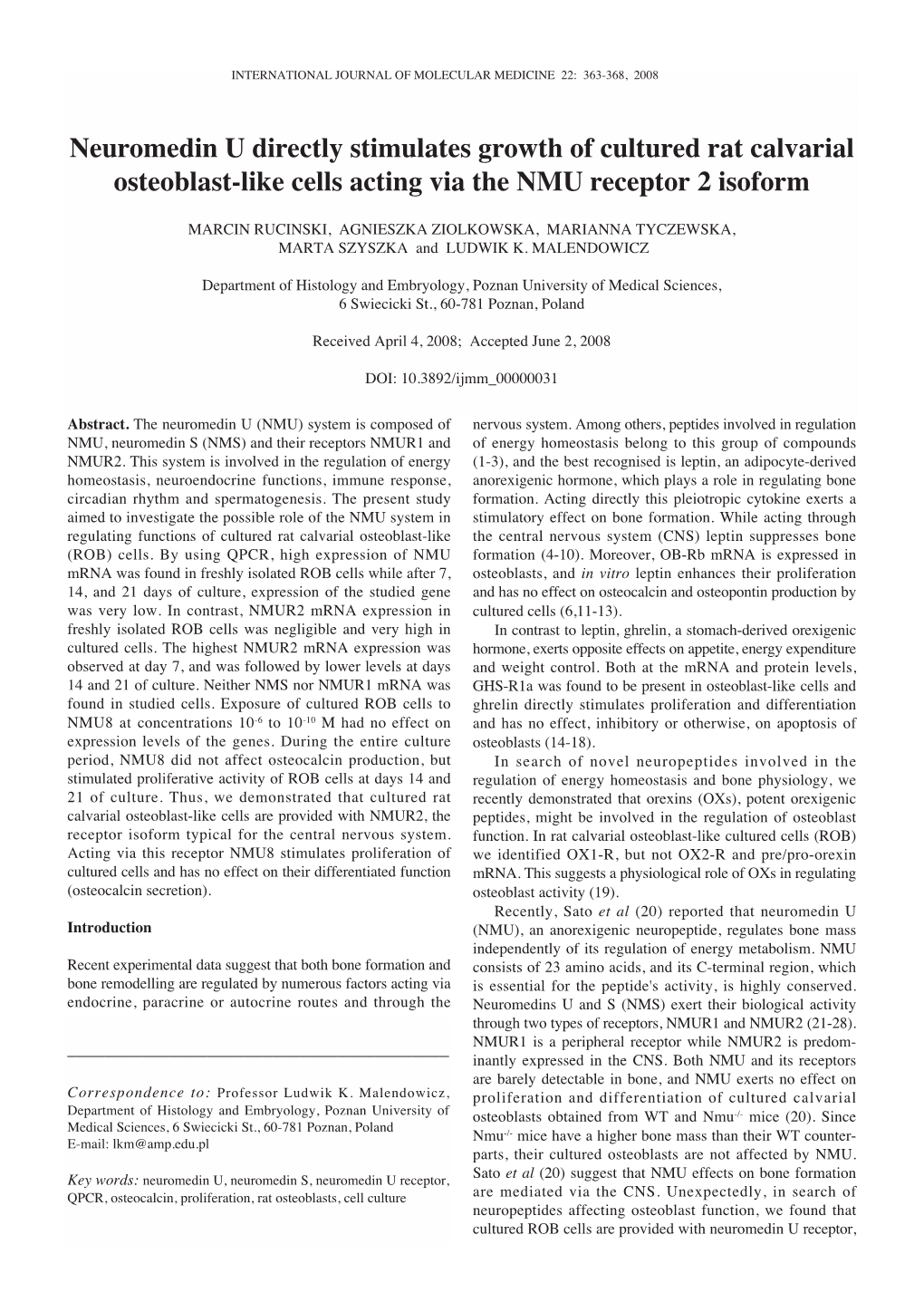 Neuromedin U Directly Stimulates Growth of Cultured Rat Calvarial Osteoblast-Like Cells Acting Via the NMU Receptor 2 Isoform