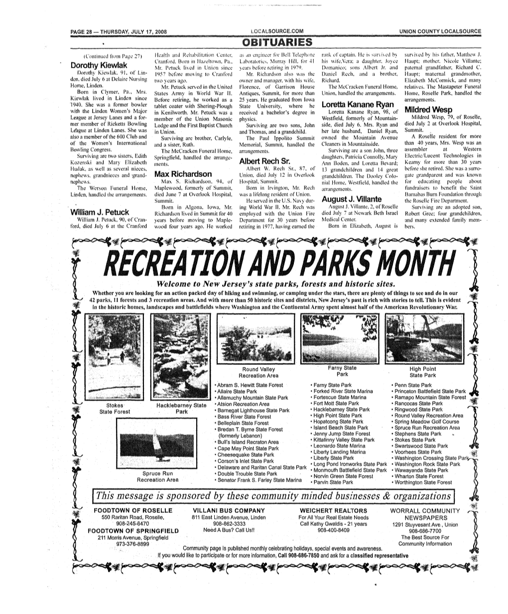 RECREATION and PARKS MONTH Welcome to New Jersey's State Parks, Forests and Historic Sites