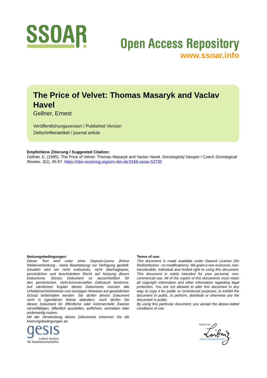 The Price of Velvet: Thomas Masaryk and Vaclav Havel Gellner, Ernest