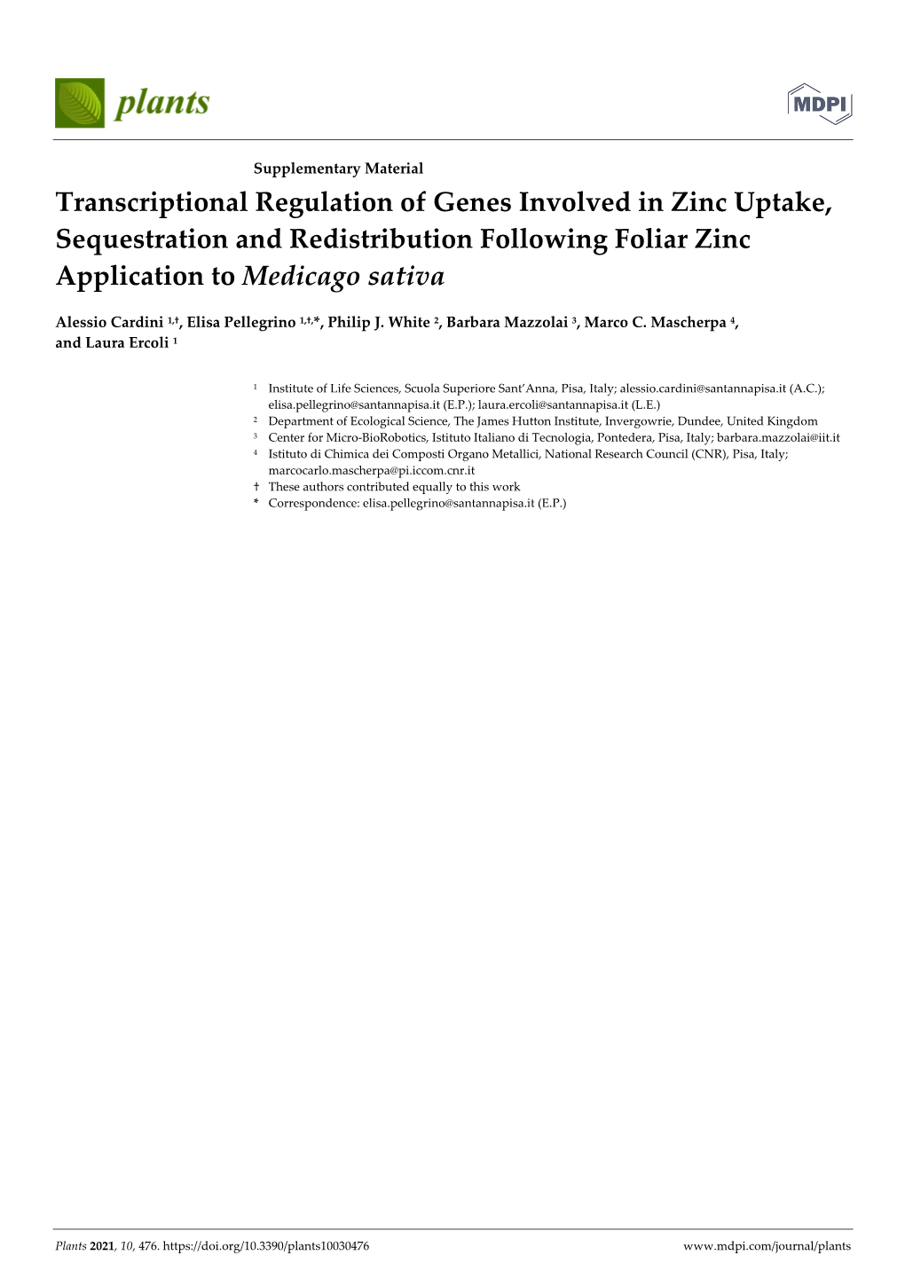 Transcriptional Regulation of Genes Involved in Zinc Uptake, Sequestration and Redistribution Following Foliar Zinc Application to Medicago Sativa