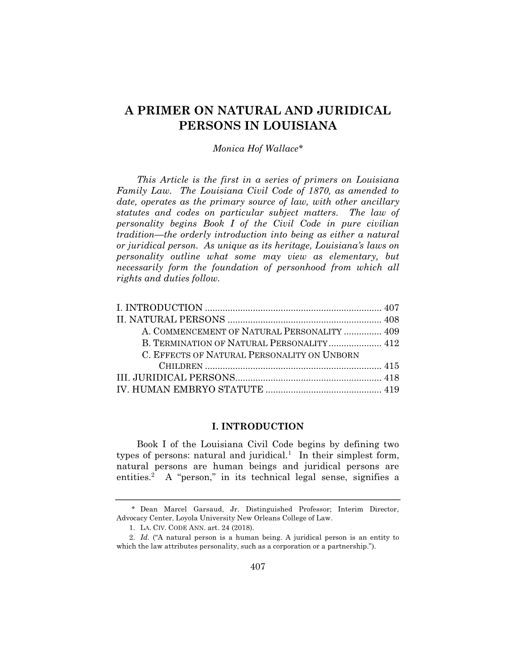 A Primer on Natural and Juridical Persons in Louisiana