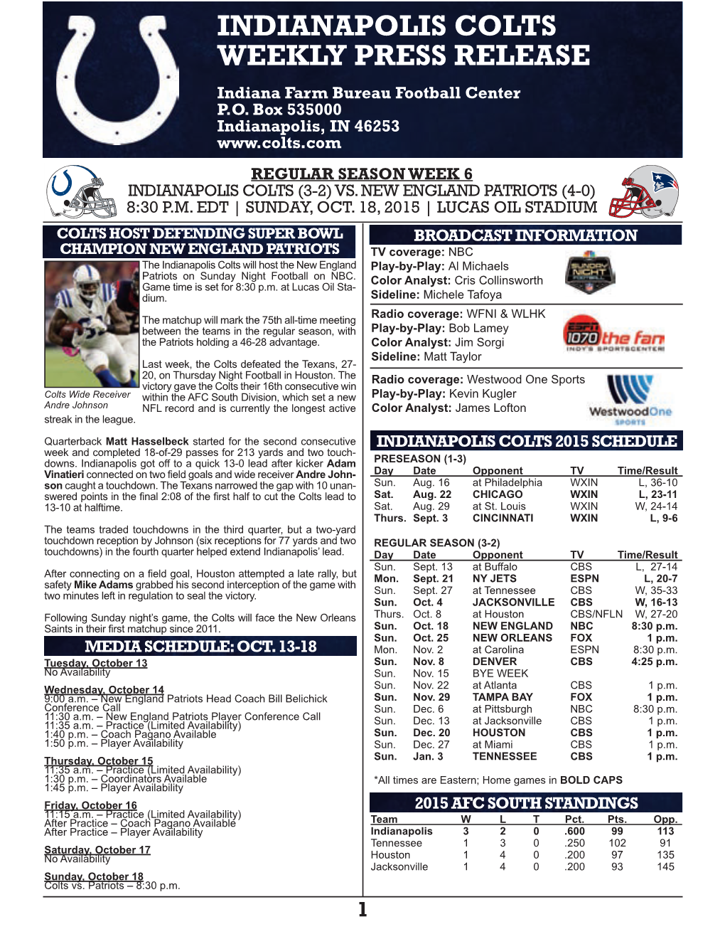 INDIANAPOLIS COLTS WEEKLY PRESS RELEASE Indiana Farm Bureau Football Center P.O