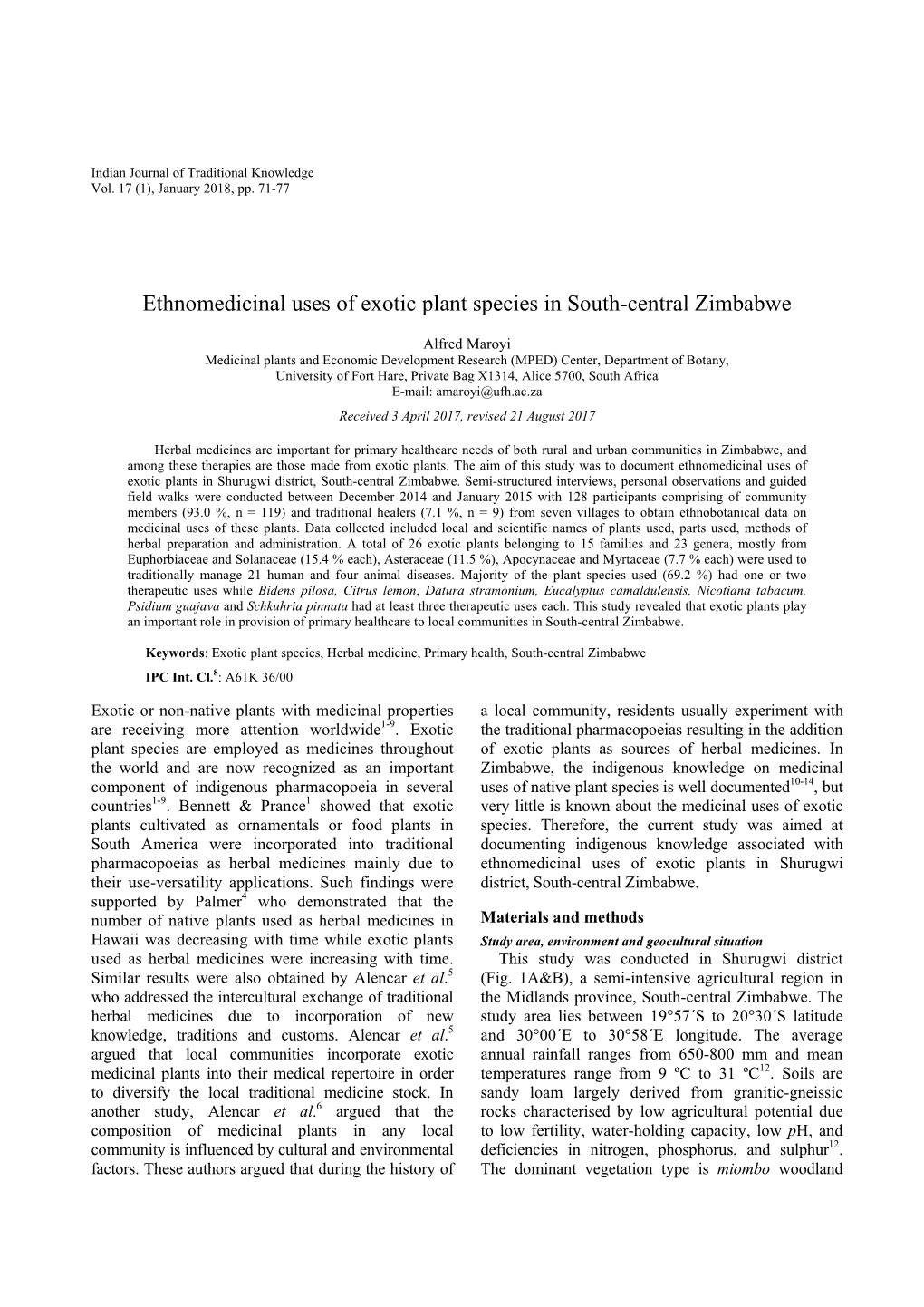 Ethnomedicinal Uses of Exotic Plant Species in South-Central Zimbabwe