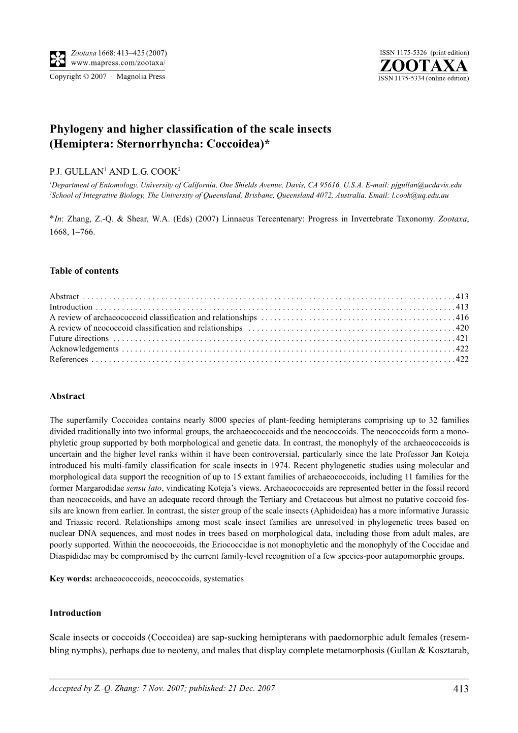 Zootaxa,Phylogeny and Higher Classification of the Scale Insects