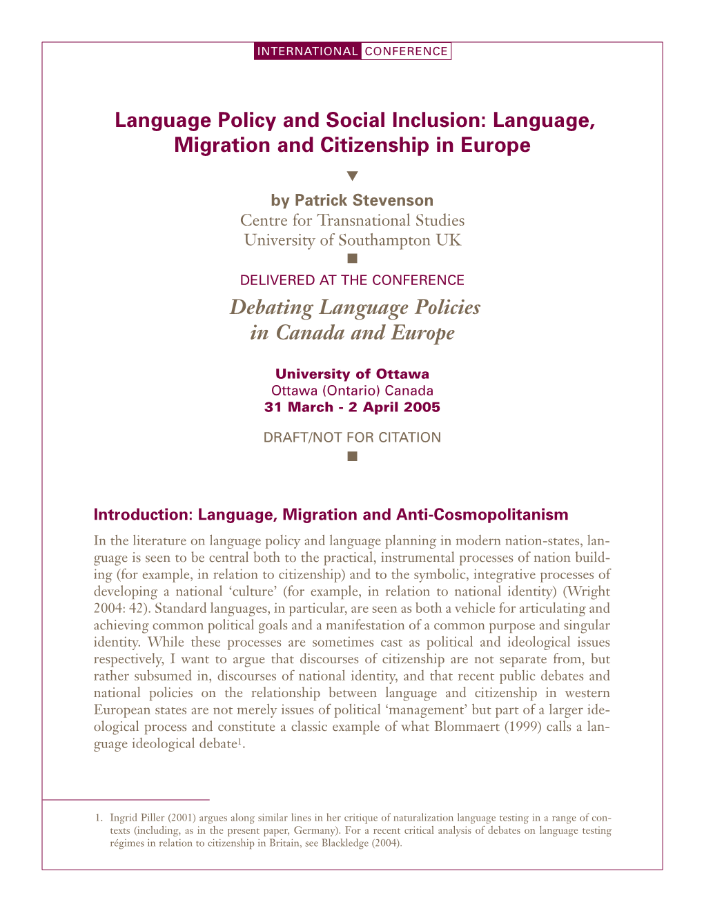 Language, Migration and Citizenship in Europe