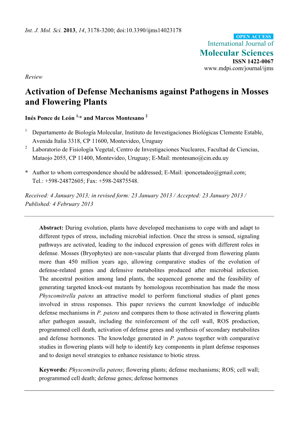 Activation of Defense Mechanisms Against Pathogens in Mosses and Flowering Plants