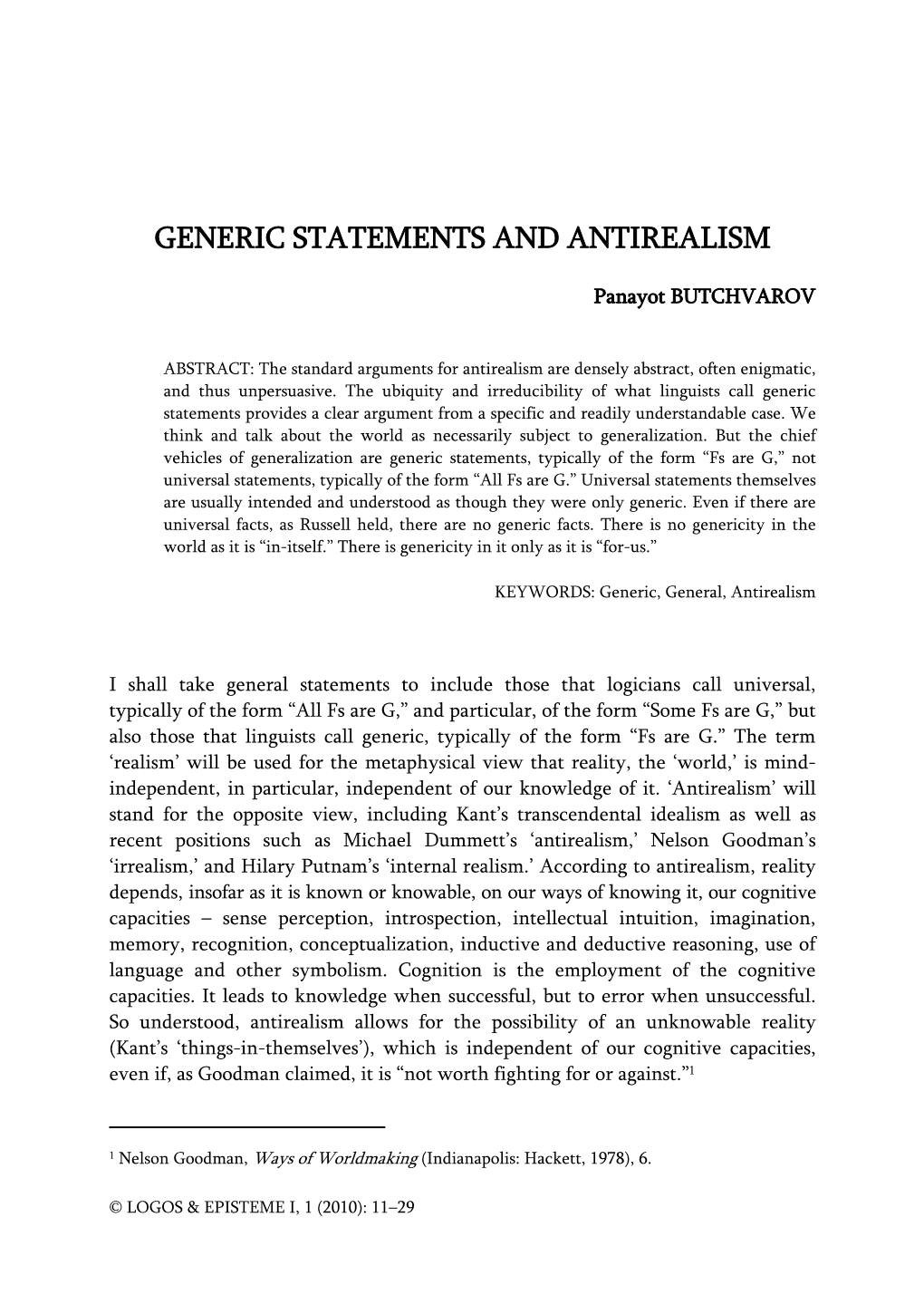 Generic Statements and Antirealism