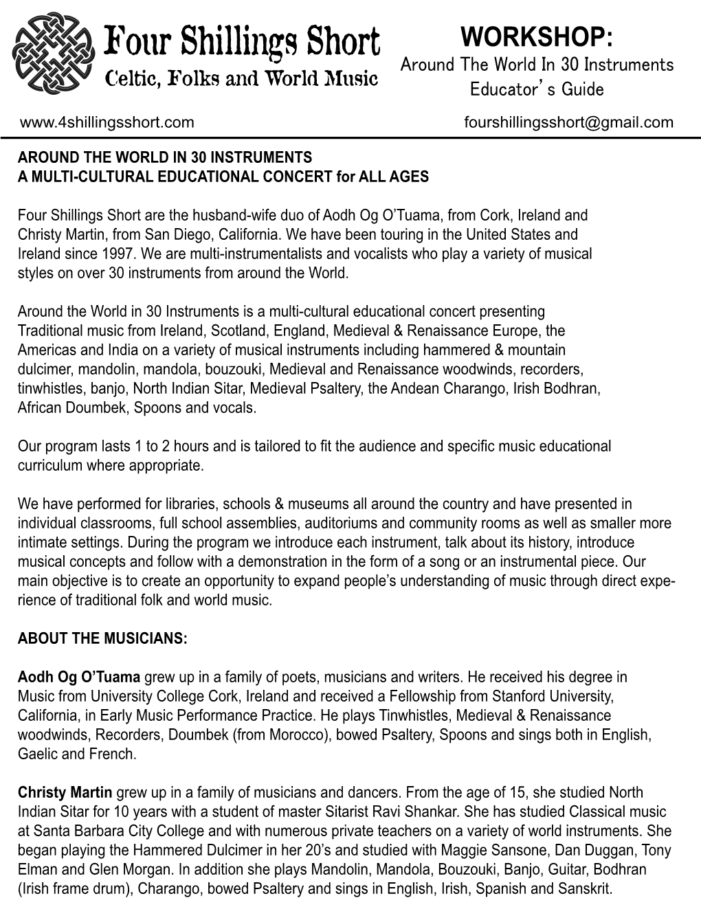 WORKSHOP: Around the World in 30 Instruments Educator’S Guide Fourshillingsshort@Gmail.Com