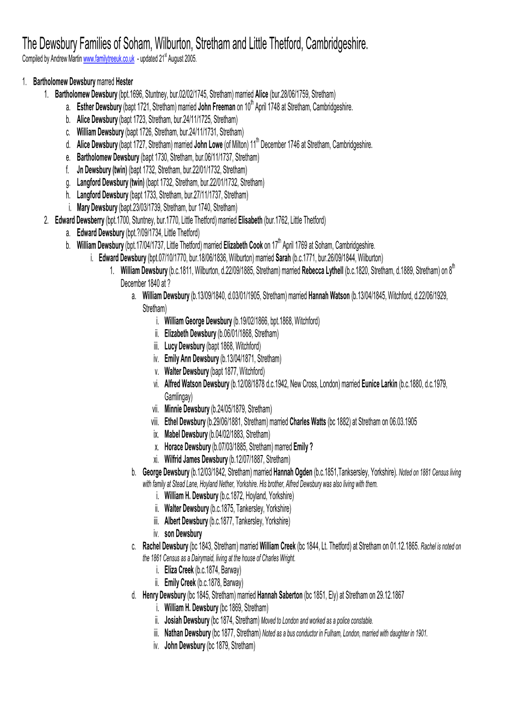 The Dewsbury Families of Little Thetford, Cambridgeshire