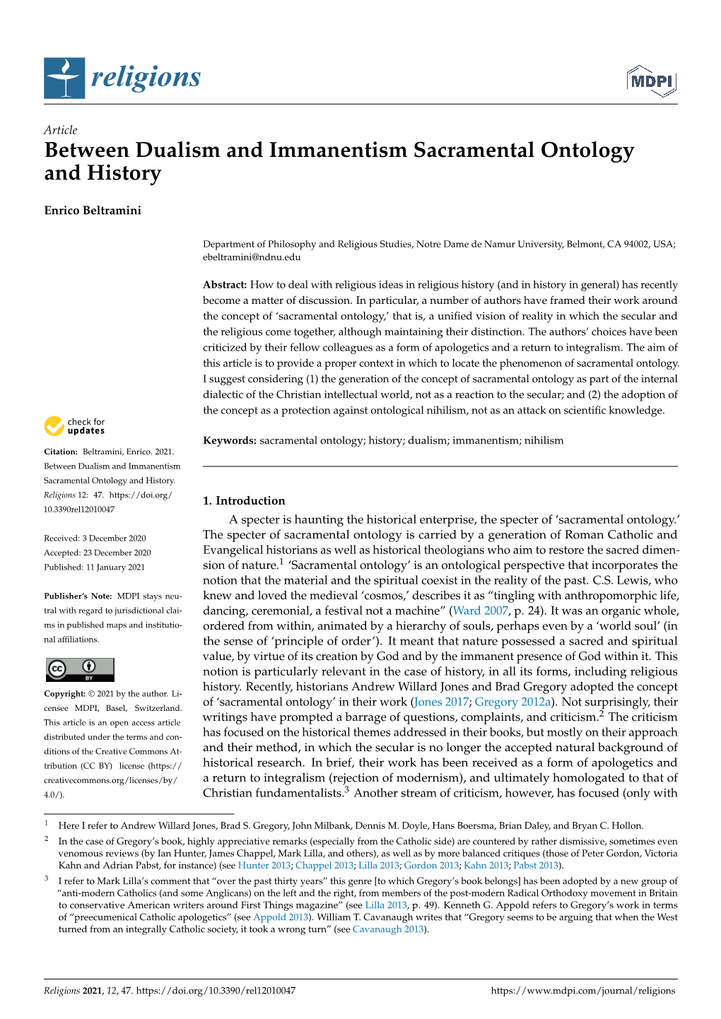 Between Dualism and Immanentism Sacramental Ontology and History