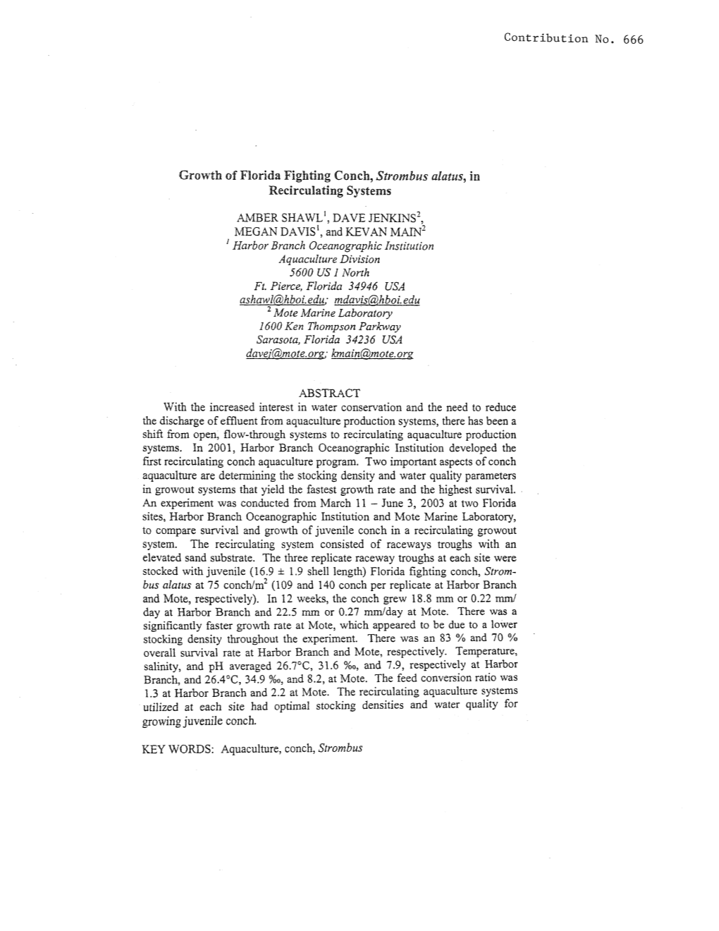 Growth of Florida Fighting Conch, Strombus Alatus, in Recirculating Systems