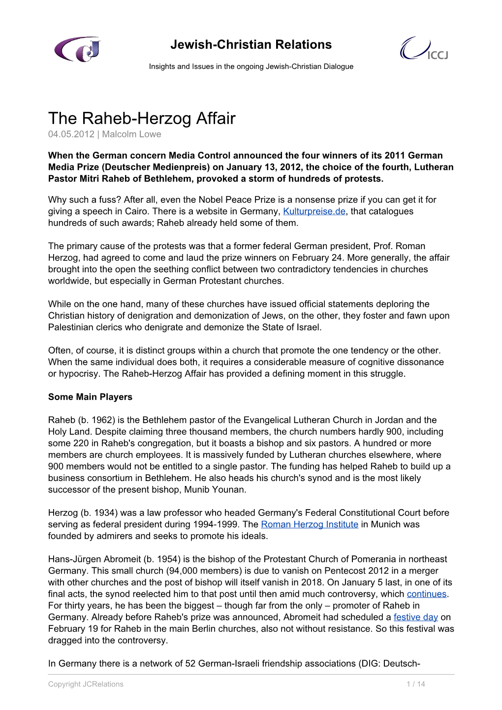 The Raheb-Herzog Affair 04.05.2012 | Malcolm Lowe
