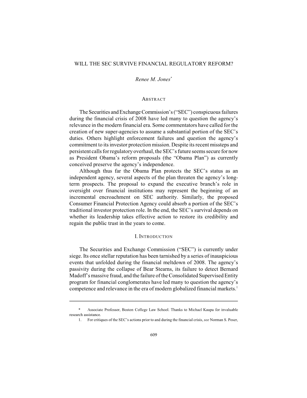 Will the Sec Survive Financial Regulatory Reform?