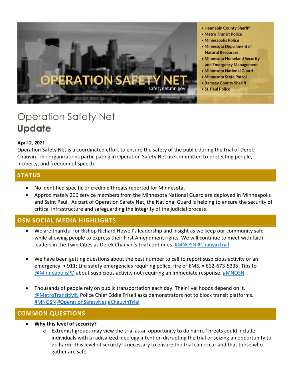 Operation Safety Net Update