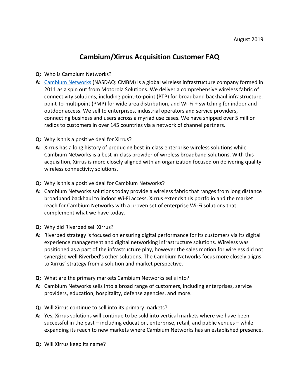 Cambium/Xirrus Acquisition Customer FAQ