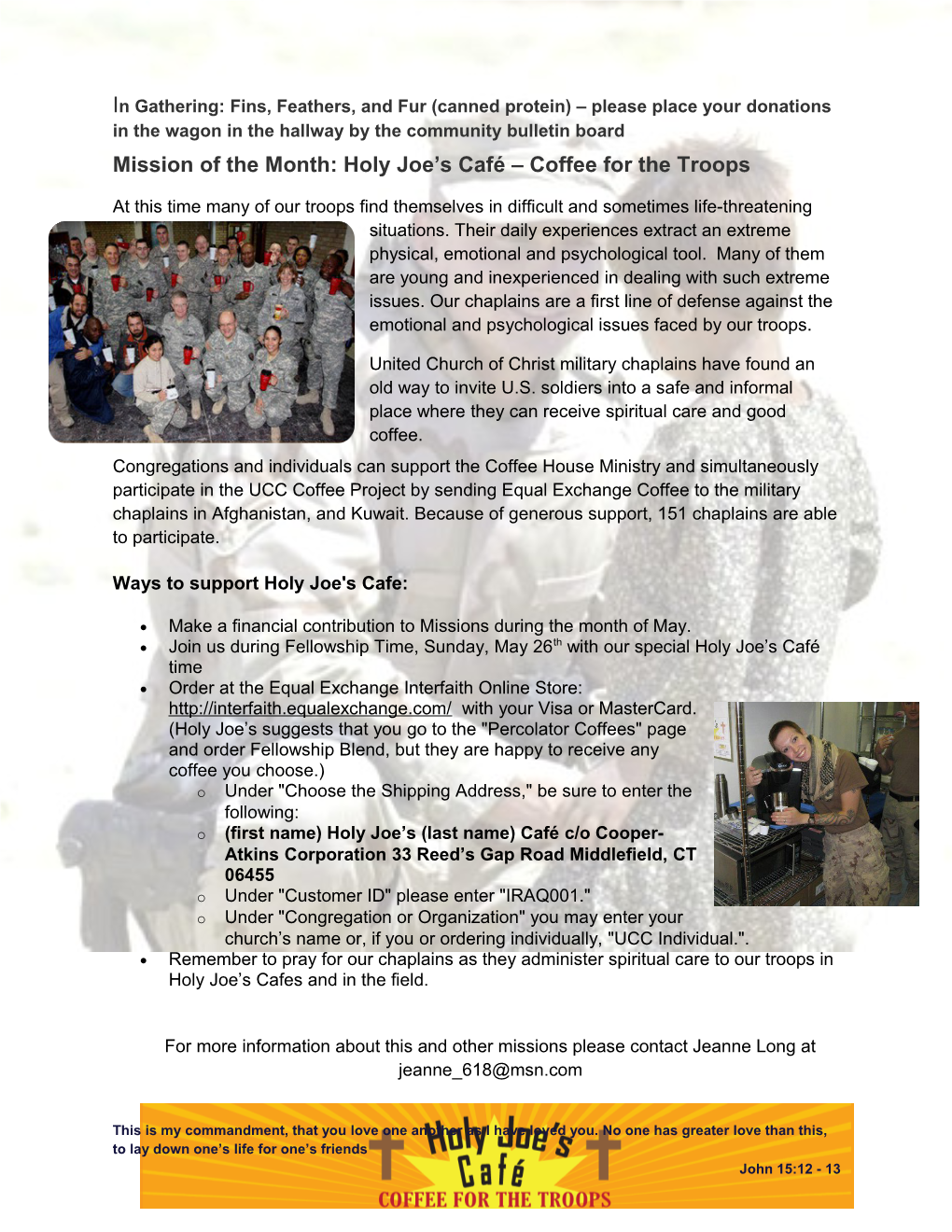 Mission of the Month: Holy Joe S Café Coffee for the Troops