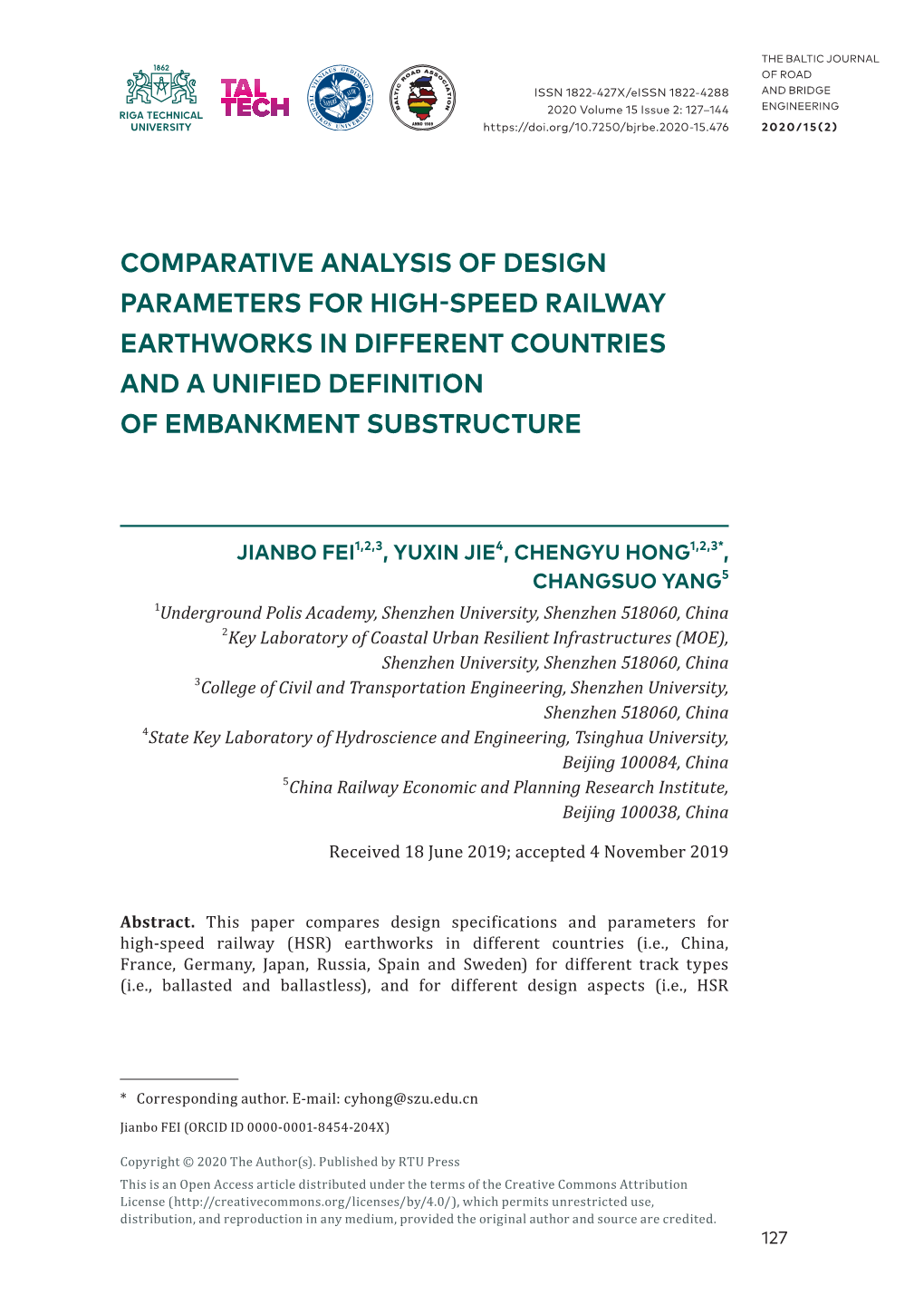 Comparative Analysis of Design Parameters for High-Speed Railway Earthworks in Different Countries and a Unified Definition of Embankment Substructure